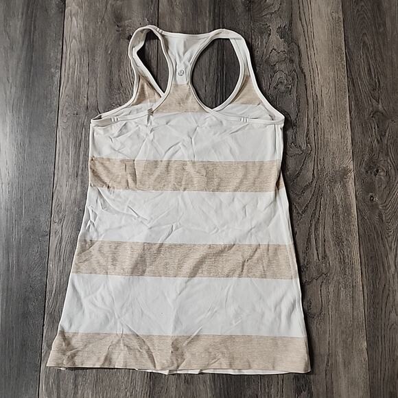 Lululemon Tops - Lululemon Cool Racerback Heathered Cashew Tan White Stroll Stripe Tank Size 4